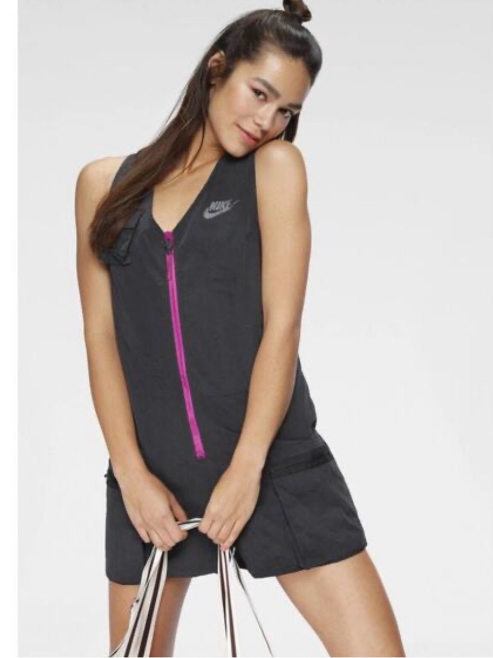 Nike Icon Clash Black Zip-Front Romper with Pink Zipper